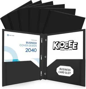 Black Heavy Duty Plastic Folders with 2 Pockets and 3 Prongs (6 Pack) Fit Letter Size Paper Business Card Slot Assorted Colors for School Office and Home