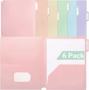 Plastic Folders with Pockets 3 Hole Punched 6 Pack Pastel Pocket Folders for 3 Ring Binder Unique 1/3 Cut Tabs with Colorful Labels School Folders Letter Size