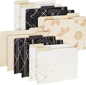 12-Pack Cute Geometric Gold Foil Decorative & Colored File Folders Letter Size (9.5x11.5 in) - 1/3-Cut Tab File Folders for Office Supplies - Aesthetic Office Supplies