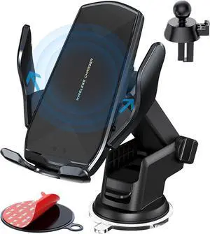 Wireless Car Charger Mount 15W Qi Fast Charging Auto-Clamping Cell Phone Car Holder ?Air Vent Windshield Dashboard Long Arm Suction Cup Car Phone Mount for iPhone13 /12/11  S20/S10/S9/S8 LG