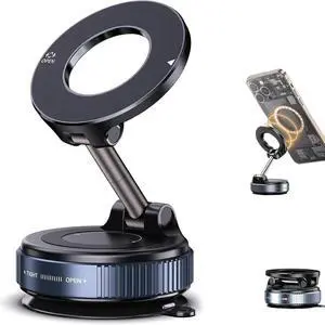 Vacuum Magnetic Phone Holder 360° Adjustable Magnetic Car Mount Foldable Portable Suction Cup Cell Phone Mount for Car/Gym/Mirror/Shower Compatible with All Smartphones & All Car Models