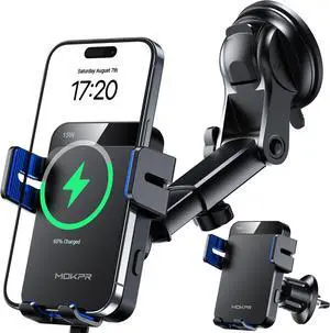 Wireless Car Charger 15W Auto Clamping Car Charger Dash Windshield Air Vent Phone Holder Compatible with iPhone 16 15 14/13/13 Pro/12 pro/12/11/X/8  S24/S23/S22 Blue