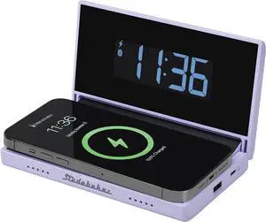 Techmate All-in-One: Portable Travel Clock Wireless & Wired Phone Charger Bluetooth Speaker and Power Bank (Lilac)