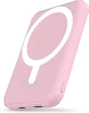for Magsafe Battery Pack 5000mAh Magnetic Power Bank with Type-C Cable 20W PD Fast Charging Lighting Input Wireless Portable Charger for iPhone 16/15/14/13/12/ All Series-Pink