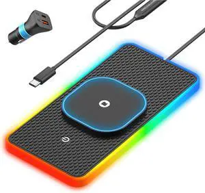 RGB Wireless Car Charging Pad for Magsafe 15W LED Magnetic Wireless Charger for Car Non Slip Type C Charging Mat with 40W Car Charger Compatible with iPhone 16-12 Airpods (30CM Cable)