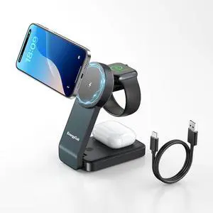 3-in-1 Wireless Charging Station for  Devices 15W Wireless Charger for iPhone 16/15/14/13/12  Watch AirPods Magnetic Foldable Fast Charger  Charging Station (Black)