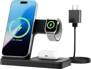 Wireless Charging Station for  Devices: 3 in 1 Foldable Fast Qi Case-Friendly Charger Stand for iPhone &  Watch & AirPods Charging Dock for Home Desk Nightstand Office Remote Workers (Black)