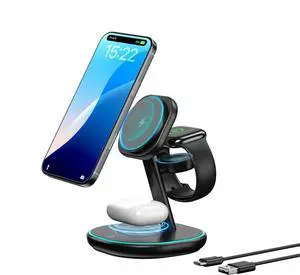 3-in-1 Charging Station 2X Faster 15W Wireless Charging Station for iPhone 16/15/14/13/12 for  Watch AirPods Magnetic Wireless Charger with Sleep Friendly Light (Black)