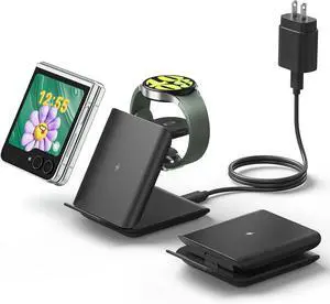 Wireless Charger for  Galaxy Z Flip 2 in 1 Foldable Travel Fast Wireless Charging Stand for Galaxy Z Flip 7/6/5/4/3 Galaxy S24 Ultra/S23/S22/Note 20 Galaxy Watch 7/Ultra/6 Black
