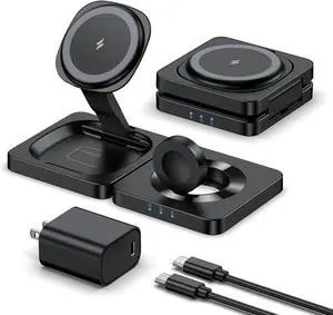 2025 Magnetic Wireless Charging Station - 3 in 1 Foldable Mag-Safe Charger Stand for Multiple  Devices Travel Charging Pad for iPhone 16 15 14 13 12 Pro Max Plus  Watch AirPods