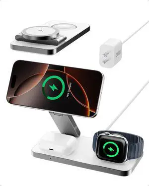 3-in-1 Foldable Wireless Charging Station Qi2 Certified 15W Ultra Fast Wireless Charger for Magsafe Magnetic Charger Stand for iPhone 16/15/14/13/12  Watch & AirPods. (White)