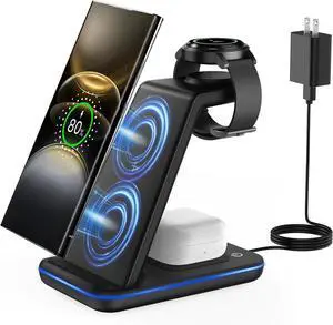 Wireless Charger for &Android: 3 in 1 Charging Station for Galaxy Watch7 Pro/4/3/Active2/1 - Phone Charger Stand for S24/S23 Ultra/S22/S21/S20/Note 20 Z Fold&Flip Series Buds 3 Pro