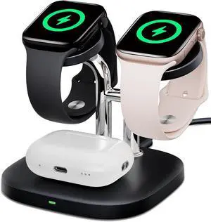 Dual Watch Charger with Fast Charging for Watch 704A 3-in-1 Wireless Charging Station Stand for Watch Ultra 2/10/9 Wireless Charger Dock for 2/3/2 (Black & Silver) Dual Watch Charger with Fast Charging for Watch 704A 3-in-1 Wireless Charging Station Stand for Watch Ultra 2/10/9 Wireless Charger Dock for 2/3/2 (Black & Silver)
