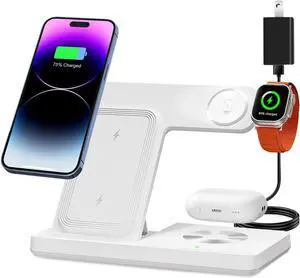 Wireless Charger 3 in 1 Charging Station for Multi Devices Charging Stand Dock for iPhone 8-16 Series  Watch  3 2 with Adapter (White)