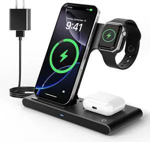 Portable Wireless Fast Charger 3in1 for iPhone 16e 16 15 14 13 12 11 Pro Max for  Watch 10-2 Ultra Se Charging Station for  4 3 2 - Office Home Travel Nightstand Gifts for Family Black