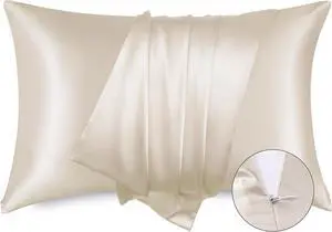 Satin Pillowcase for Hair - Beige Satin Pillow Cases Standard Size with Zipper 2 Pack Similar to Silk Pillow Cases for Skin Silky & Soft Gifts for Women Men 20x26 Inches