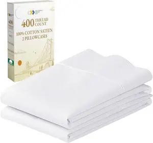 Standard Queen Size Pillowcase Set - 400 Thread Count 100% Cotton Sateen Set of 2 Pillow Covers Breathable Cooling Soft for Quality Sleep - Bright White