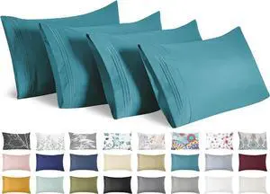 Pillow Cases Standard Size Set of 4 Ultra Soft 1800TC Hotel Quality Double Brushed Microfiber Embroidered Pillowcases Envelope Closure Fade Resistant (20x26 Teal)
