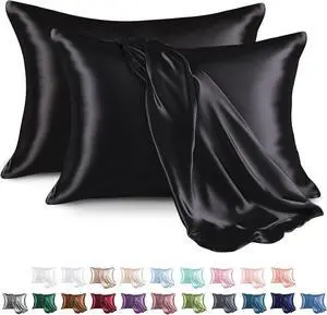 Satin Pillowcase for Hair and Skin Silk Satin Pillowcase 2 Pack Queen Size Pillow Cases Set of 2 Silky Pillow Cover with Envelope Closure (20x30 Black)
