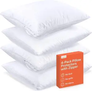 Ultra Soft Pillow Protectors with Zipper Standard Size - Set of 4 Breathable Pillow Covers - 100% Protection Against Stains Dust & Dirt - Machine Washable (White)