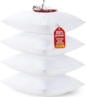 4 Pack Waterproof Pillow Protectors with Zipper King Size (White) Bed Bug Proof Pillow case Covers Moisture Wicking Pillow Encasements 20 x 38 Inches