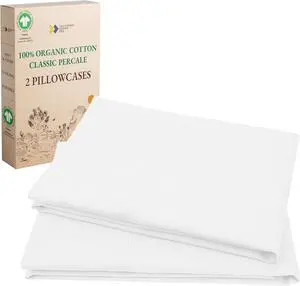 100% Organic Cotton King Size Pillow Case Pair Set of 2 Soft & Cooling Percale Weave Cotton Pillowcases (Bright White)