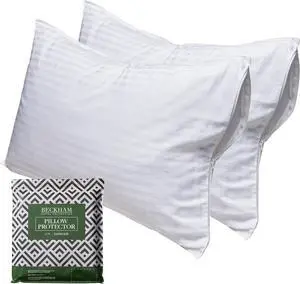 Queen Size White Pillow Protector with Zipper Set of 2 Soft and Breathable Cotton Pillow Protector Covers