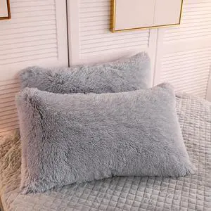 2 Pack Faux Fur Pillow Shams Shaggy Plush Home Decorative Luxury Series Super Soft Furry Pillow Case with Zipper Closure for Home Sofa Couch Decoration Standard (Gray 20x26)