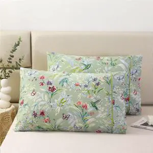 100% Cotton Pillowcases Set of 2 Queen Size Floral Printed Butterfly Pillow Cases Soft Breathable Cooling Pillowcase Decorative Pillow Cover (Queen 20x30 Inches Green Flowers)
