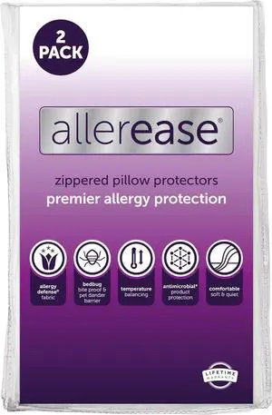 Set of 2 King AllerEase Pillow Protectors - Temperature Balancing Allergist Recommended - Premium Breathable Zippered Protectors