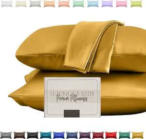 Silky and Luxurious 2-Piece Satin Pillowcase Set for Healthier Skin and Hair Hidden Zipper Closure and Beautifully Packaged Satin Pillowcase Set King Gold