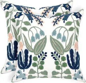 Summer Floral Embroidered Decorative Throw Pillow Covers 18x 18 Set of 2 Farmhouse Navy Blue Flowers Green Leaves Tufted Patterned Cotton Cushion Cases for Couch Bed Living Room Decor