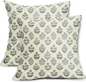 Blue Green Block Print Pillow Covers 18x18 Inch Set of 2 Vintage Floral Spring Decorative Throw Pillow Cases Boho Cushion Covers Rustic Decoration Gift Farmhouse Sofa Couch Bed Decor
