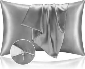 Satin Pillowcase with Zipper 2 Pack Grey Pillow Cases Standard Size Super Soft and Cooling Similar to Silk Pillow Cases Gift for Women Men(20x26 Inches)