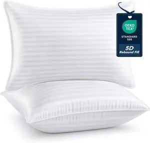 Luxury Striped Pillows for Sleeping - Oeko-TEX Certified for Back Stomach or Side Sleepers Breathable Cotton Cover Cooling Machine Washable  2 Pack Queen Size (20x30) White