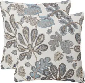 Set of 2 Jacquard Tropical Leaf Pattern Throw Pillow Covers Decorative Pillowcase 20X20 Inches Blue Cream
