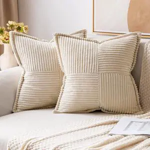 Decorative Throw Pillow Covers for Couch Bed Livingroom 20x20 Inch Set of 2 Beige Boho Accent Throw Pllows Broadside Striped Patchwork Soft Corduroy Pillowcases