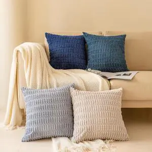 Throw Pillow Covers 18x18 Inch Set of 4 Corduroy Soft Striped Farmhouse Boho Pillow Cover Modern Decorative Cushion Pillow Case for Couch Sofa Bedroom Living Room Grey/Blue