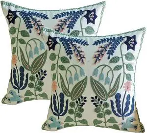 Pillow Covers Set of 2 Embroidered Branch Pattern Throw Pillow Cover Square Cotton Cushion Pillow Case for Sofa Bedroom Couch 18x18