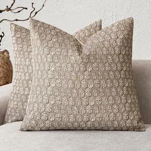 Set of 2 Decorative Neutral Floral Print Throw Pillow Covers Vintage Accent Farmhouse Cushion Covers Boho Home Decor for Sofa Couch Chair Bedroom Living Room Outdoor 20×20 Inch Tan Taupe