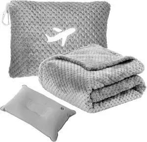 Travel Blanket Airplane Compact with Bag Travel Essentials 3 in 1 Packable Airplane Blanket Travel Pillow and Blanket Set Inflatable Pillow Luggage Sleeve & Backpack Clip (Light Grey)