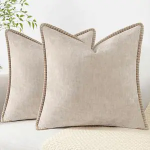 Chenille Soft Throw Pillow Covers 20x20 Set of 2 Farmhouse Velvet Neutral Decorative Pillow Covers with Stitched Edge for Couch Sofa Bed Home Decor Beige