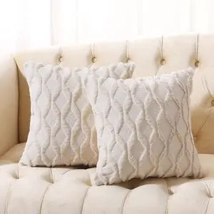 Pack of 2 Faux Wool Throw Pillow Covers 20x20 Inches Decorative Farmhouse Velvet Couch Pillow Case Soft Plush Square Boho Cushion Pillowcase Embroidery Geometric Home Beige