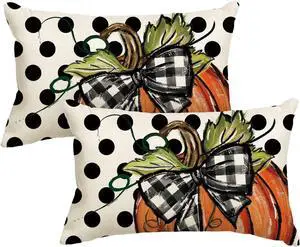 Fall Polka Dot Pumpkin Throw Pillow Covers 12x20 Inch Seasonal Autumn Thanksgiving Harvest Decoration for Home Sofa Couch Set of 2