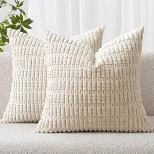 Pack of 2 Corduroy Decorative Throw Pillow Covers 20x20 Inch Soft Boho Striped Pillow Covers Modern Farmhouse Home Decor for Sofa Living Room Couch Bed Cream White