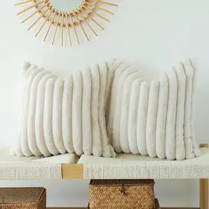 Pack of 2 Faux Fur Plush Decorative Throw Pillow Covers For Home Couch Cushion Case Soft Solid Pillowcases (Beige 20 x 20-Inch)