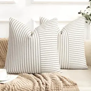 Farmhouse Pillow Covers 20x20 Modern Accent Square Throw Pillow Covers Set of 2 Gray and Beige Striped Patchwork Linen Decorative Pillows Cushion Covers for Couch Chair Bedroom Fall Decorations