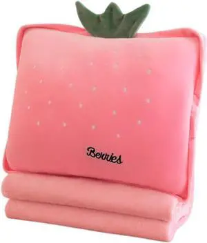 15 Stuffed Fruit Travel Blanket and Pillow Set 3 in 1 Plush Stuffed Hugging Pillow with Warming Hands Pillow Blanket for Kids Gift Travel Airplane Train Bed Office Nap (Pink - Strawberry)
