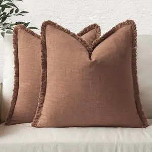 Decorative Throw Pillow Covers Neutral Linen Fringe Throw Pillows Set of 2 Brick Boho Farmhouse Cushion Covers with Tassels for Couch Sofa Bed Living Room Spring Home Decor 20x20 Inch