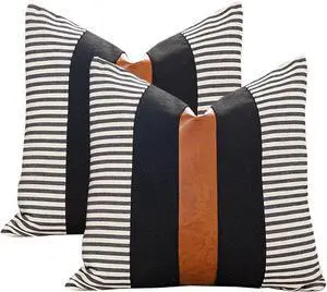 Set of 2 Boho Decorative Throw Pillow Covers 20x20 Inch Farmhouse Stripe Pillow Case Faux Leather Modern Cushion Cover for Living Room Couch Bed Neutral Decor Pillowcase Black and Brown